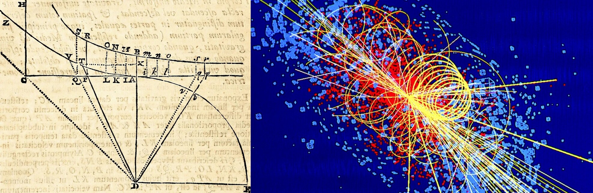 A diagram from Newton's Principia beside a Higgs boson event display